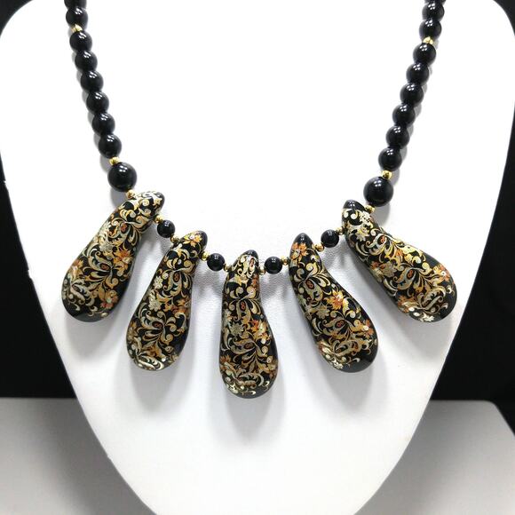 Vintage Japan Hand Painted Porcelain Necklace, Lucite Beads, 1950s - Picture 2 of 10